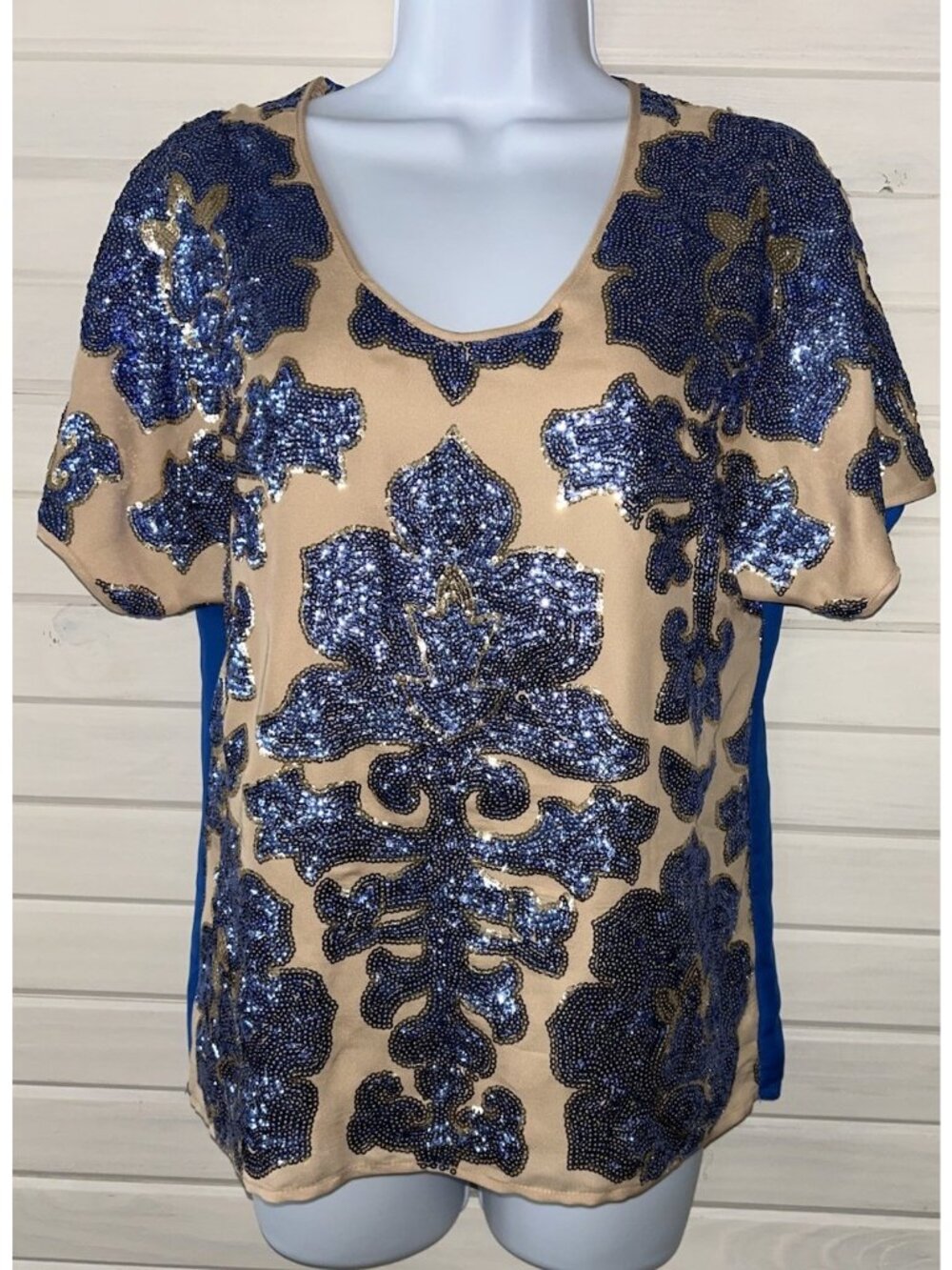 Tracy Reese Neiman Marcus Sz XS Beige Blue Floral Sequin Blouse Womens Top EUC